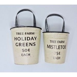 Tree Farm Holiday Greens Mistletoe Rustic Galvanized Metal Wall Planter Set of 2